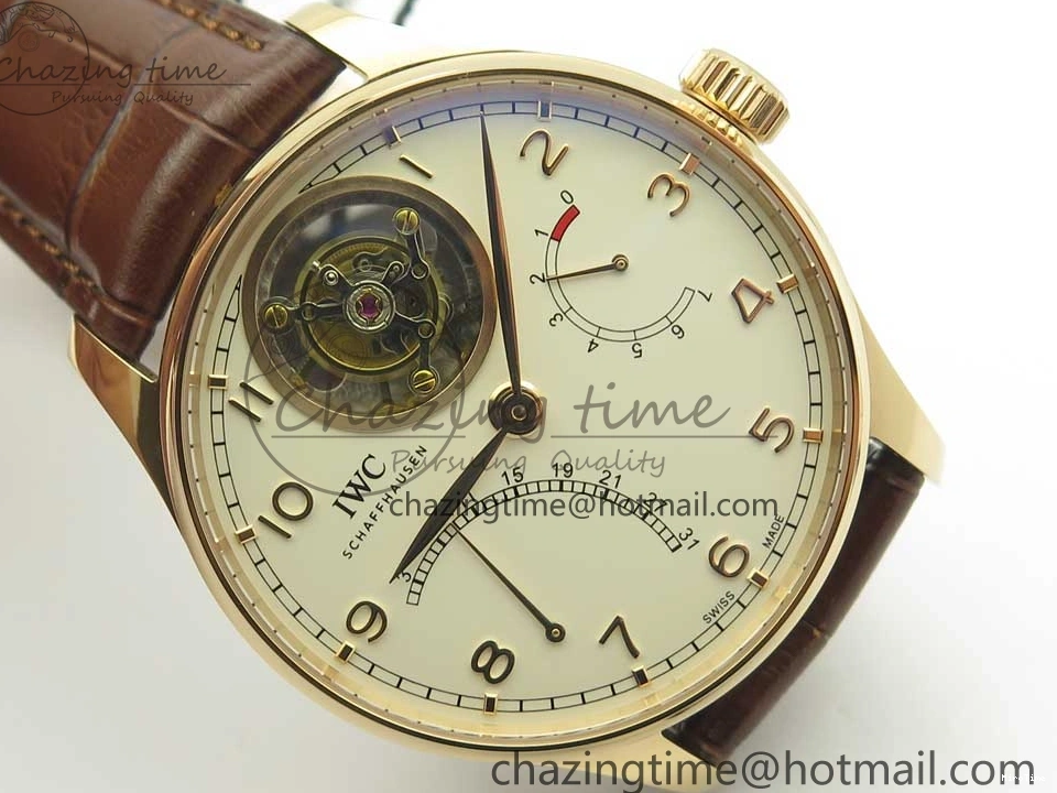 MIROTIME 0209 Portuguese Tourbillon IW504602 RG ZF Best Edition White Dial on Brown Leather Strap Stretchable 7178